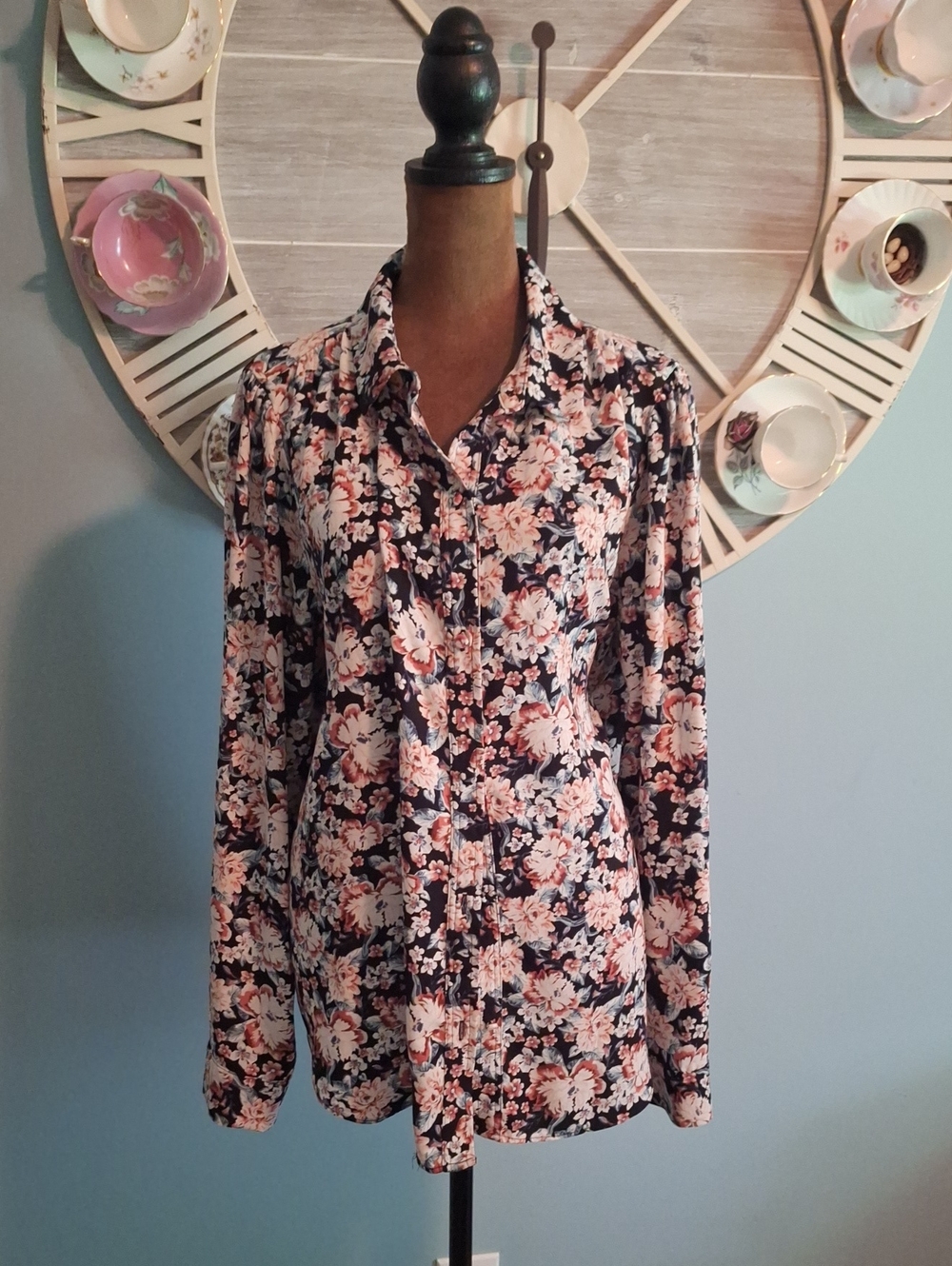 LC Lauren Conrad Navy Floral Top with Peach & Cream Blooms